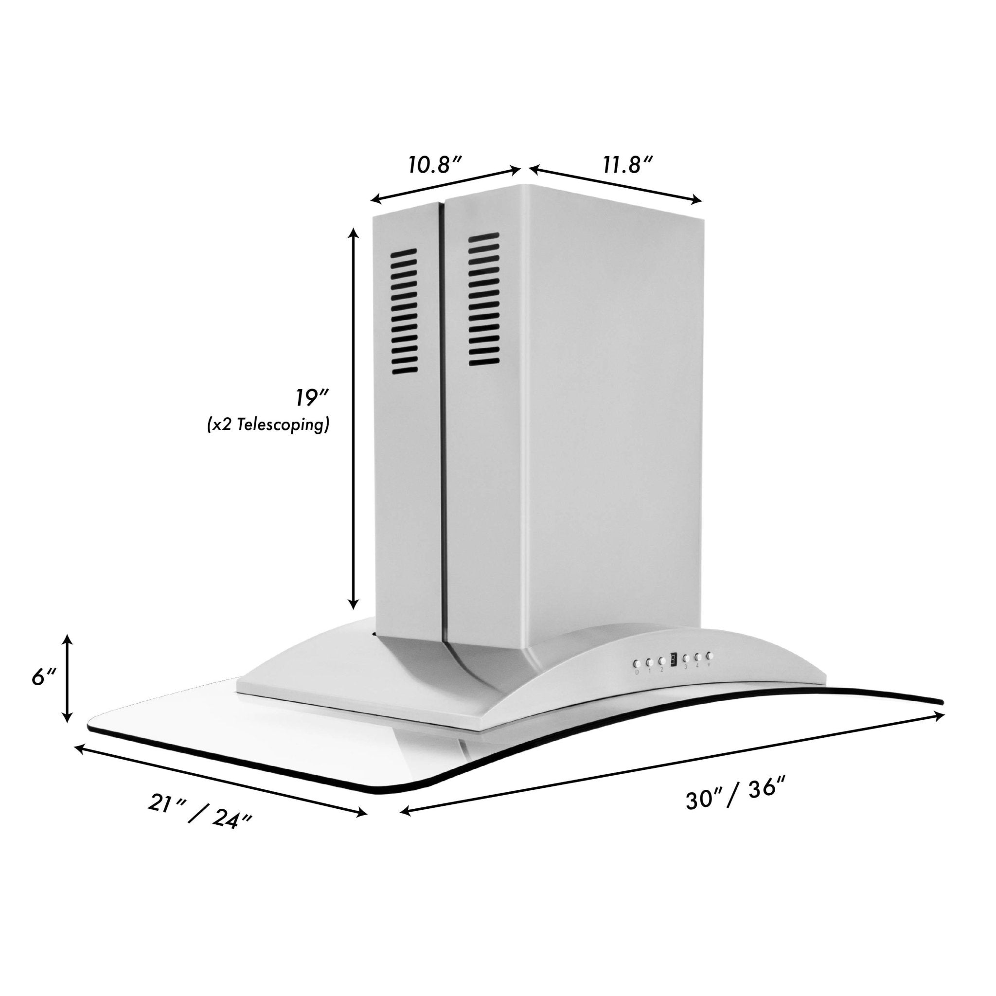 ZLINE Convertible Vent Island Mount Range Hood in Stainless Steel and Glass (GL9i) dimensional and measurements.