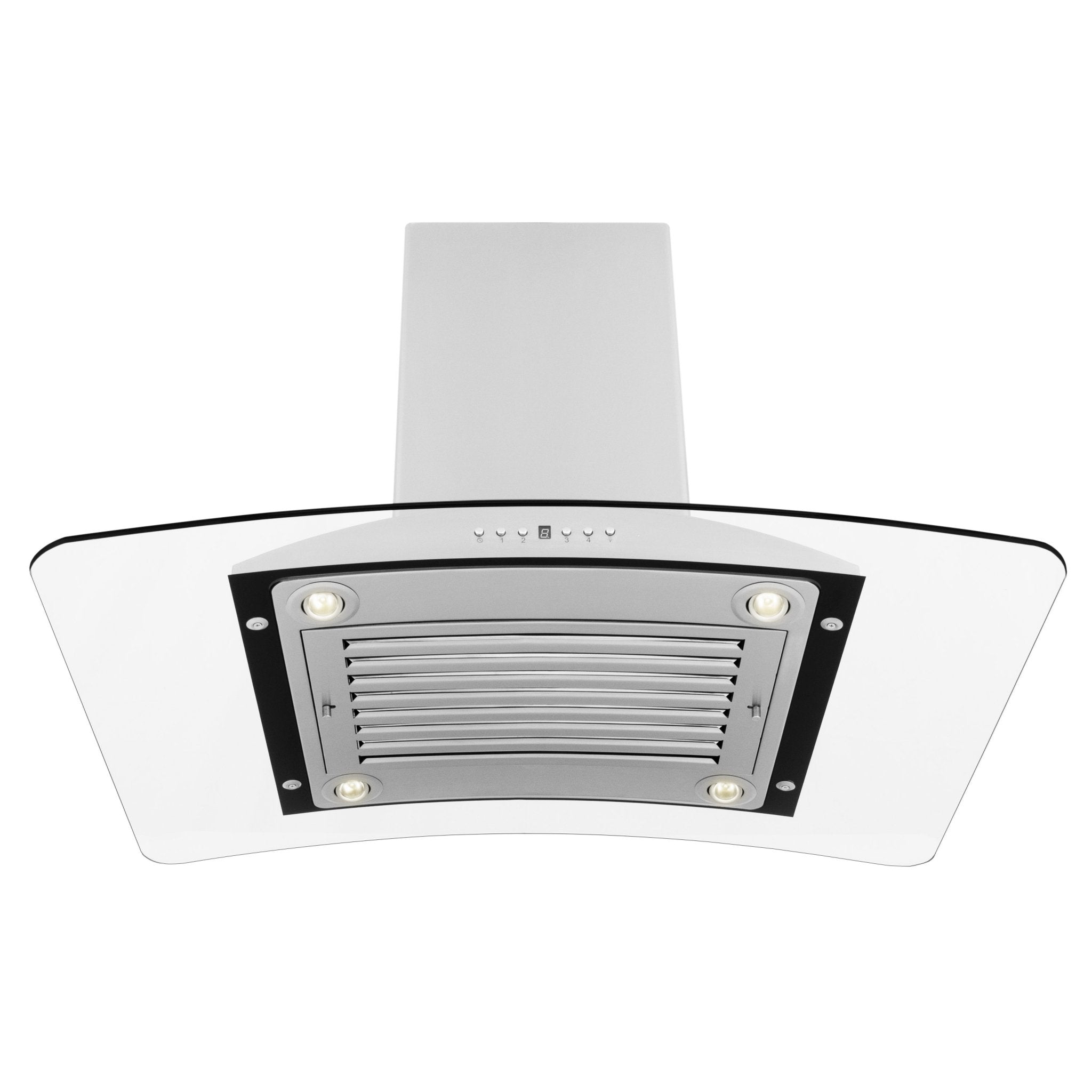 ZLINE Convertible Vent Island Mount Range Hood in Stainless Steel and Glass (GL9i) front under.