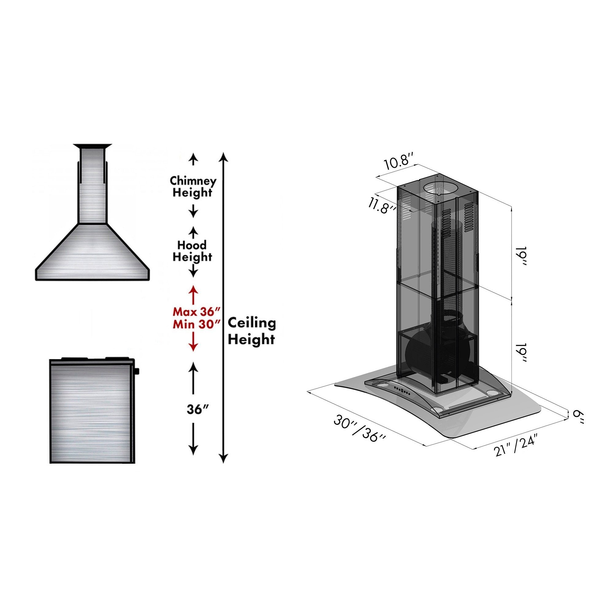 ZLINE Convertible Vent Island Mount Range Hood in Stainless Steel and Glass (GL9i) chimney height guide and dimensional diagram.