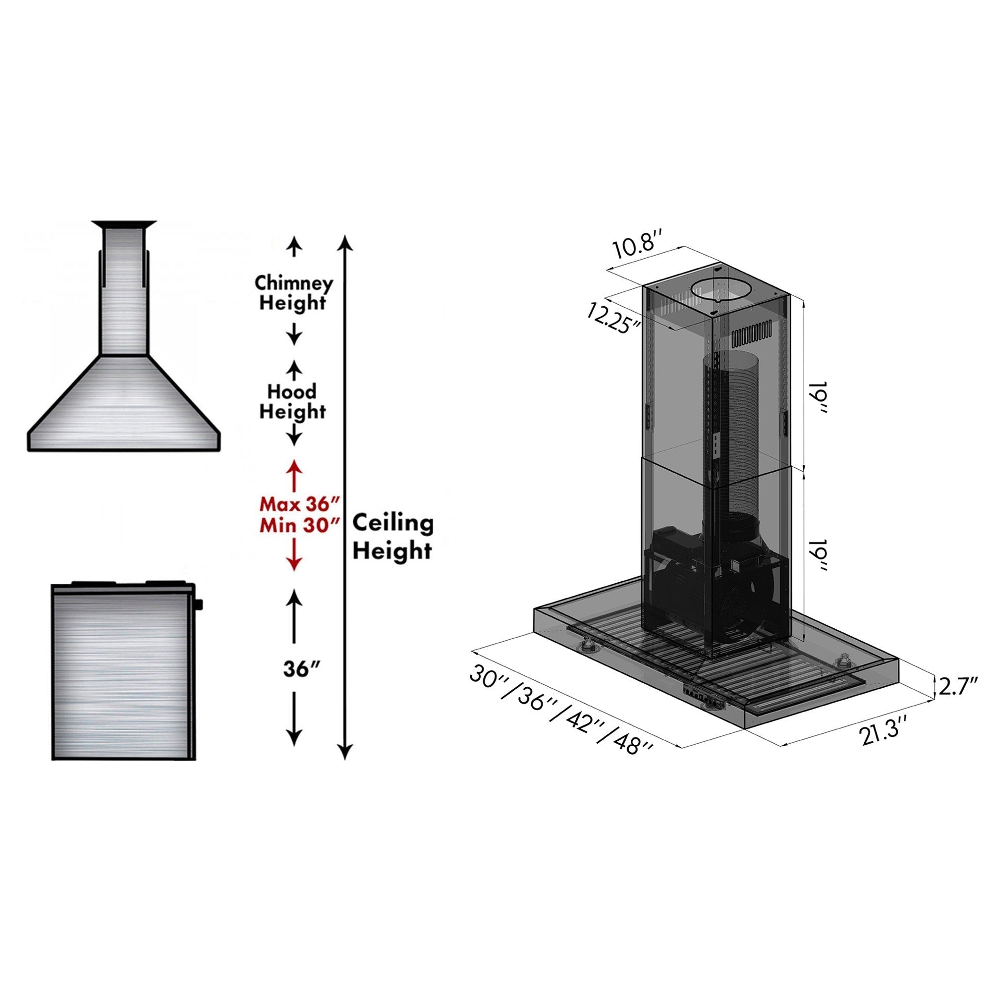 ZLINE Convertible Vent Island Mount Range Hood in Stainless Steel (KE2i) Dimensions and Chimney Height Guide