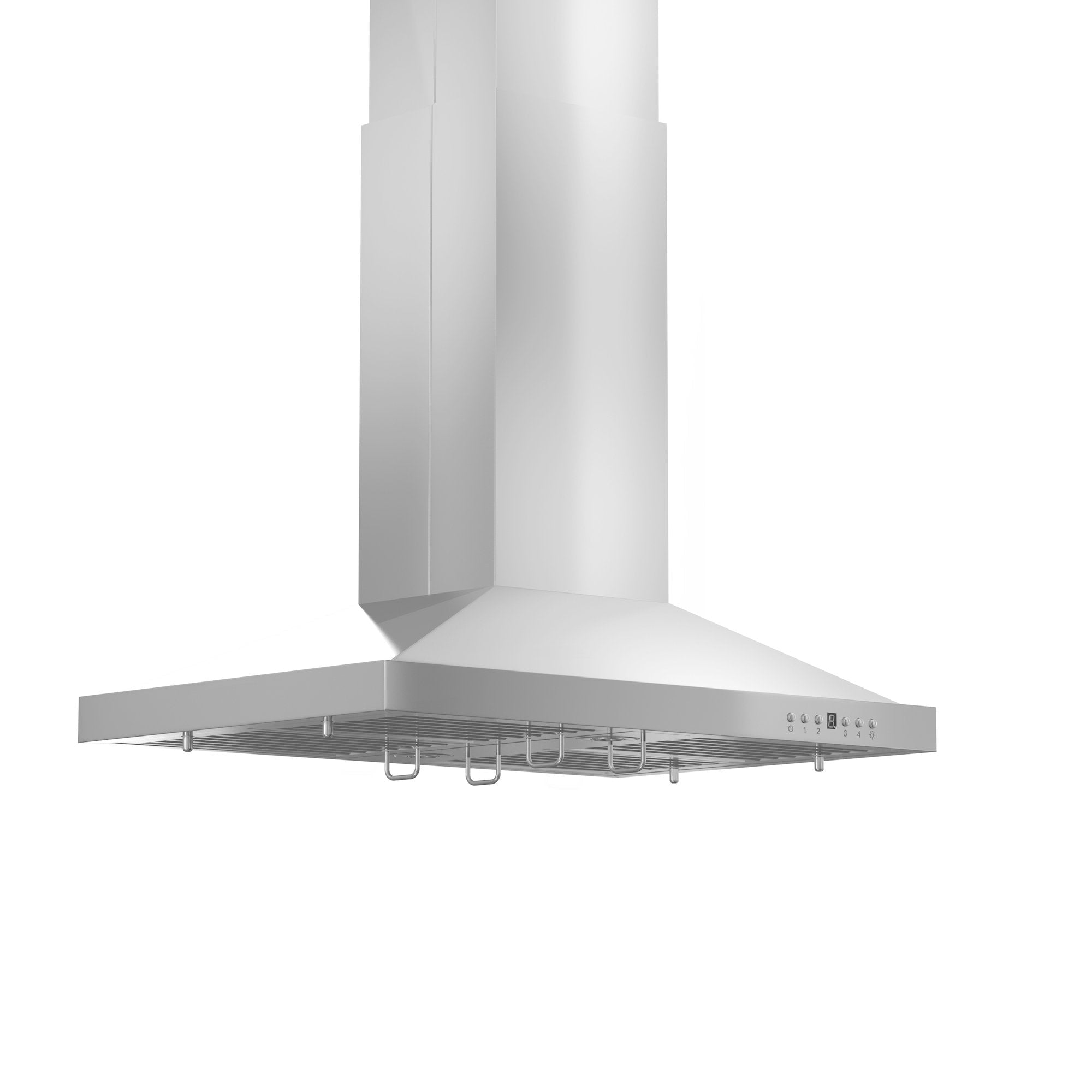 ZLINE Convertible Vent Island Mount Range Hood in Stainless Steel (GL2i) side view with long chimney.