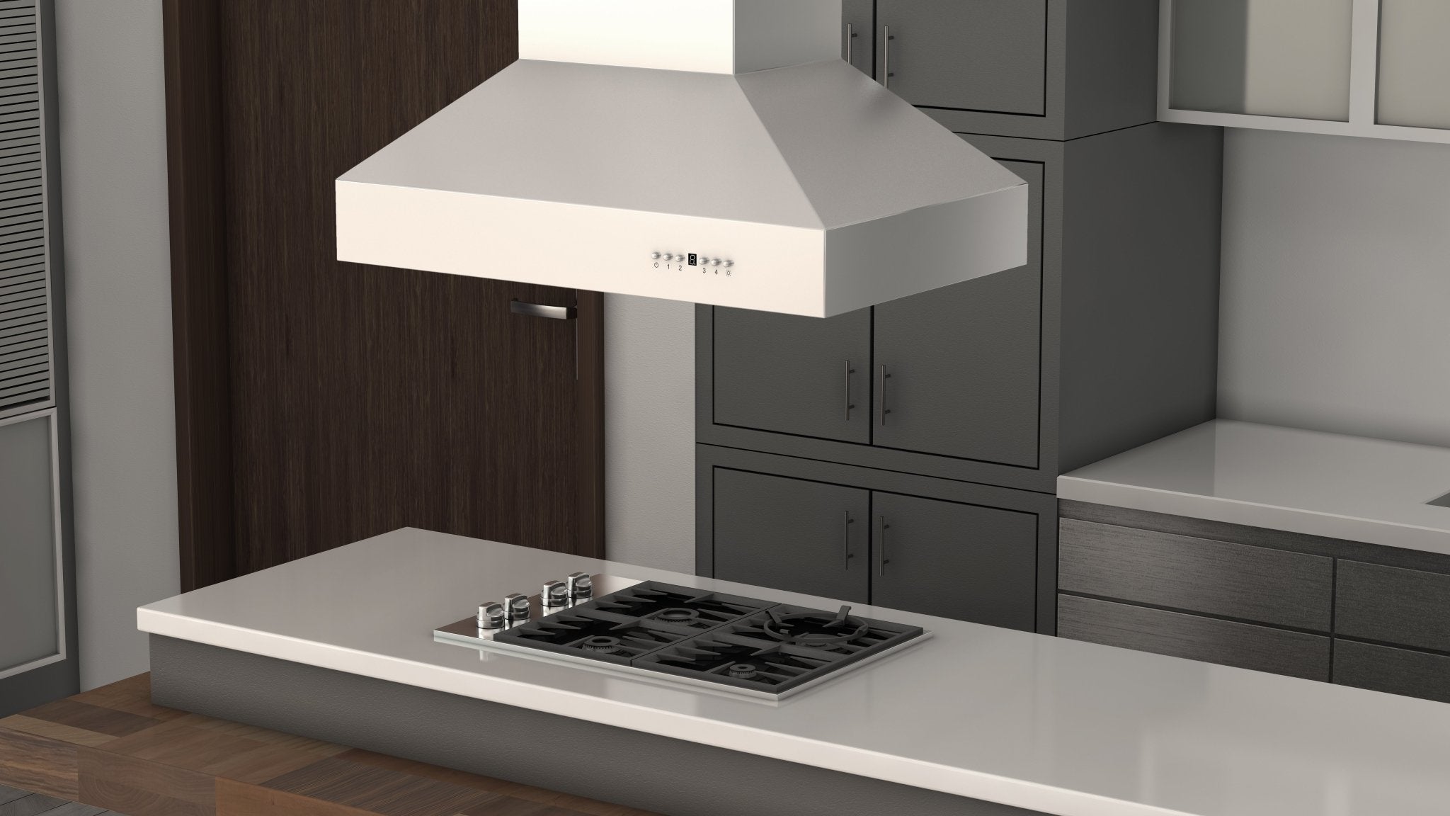 ZLINE Outdoor Approved Island Mount Range Hood in Stainless Steel (697i-304) rendering in a luxury kitchen from above close up.