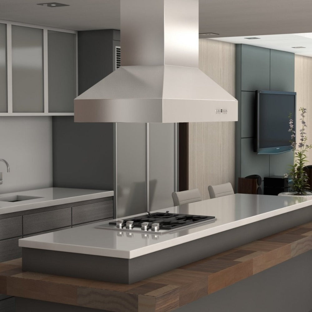 ZLINE Outdoor Approved Island Mount Range Hood in Stainless Steel (697i-304) rendering in a luxury kitchen.