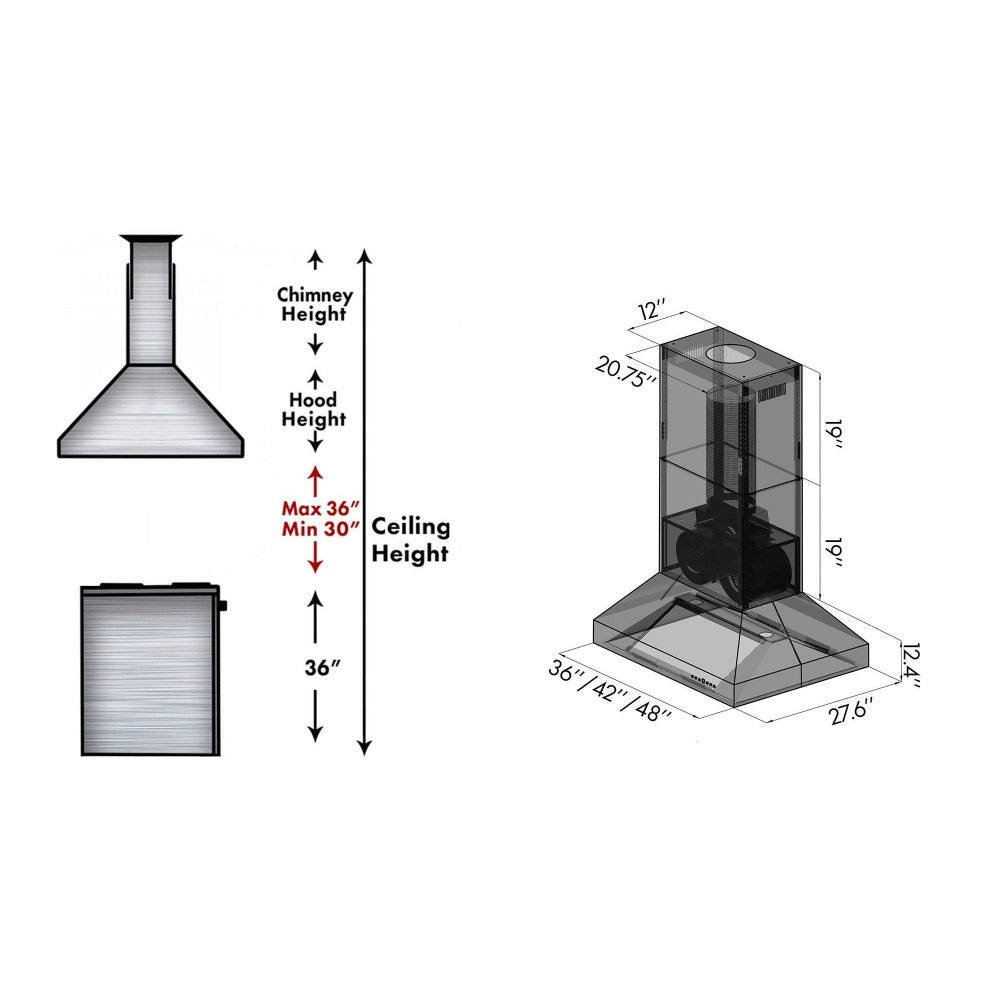 ZLINE Outdoor Approved Island Mount Range Hood in Stainless Steel (697i-304) chimney height guide and dimensions.