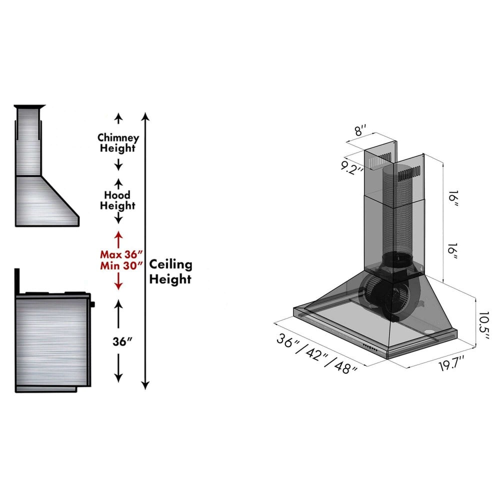 ZLINE Convertible Vent Outdoor Approved Wall Mount Range Hood in Stainless Steel (KB-304) chimney height guide and dimensions.