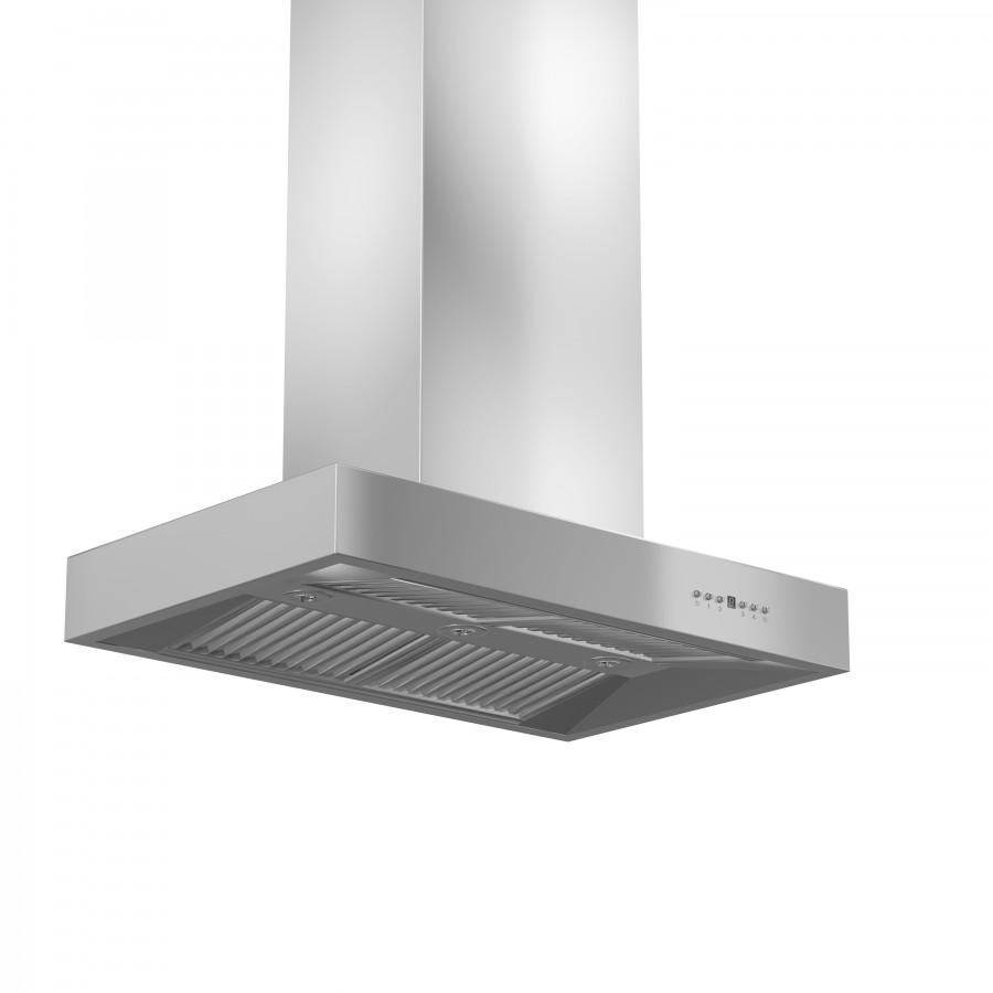 ZLINE Ducted Outdoor Island Mount Range Hood in Stainless Steel (KECOMi-304) side under with baffle filters and LED lighting.