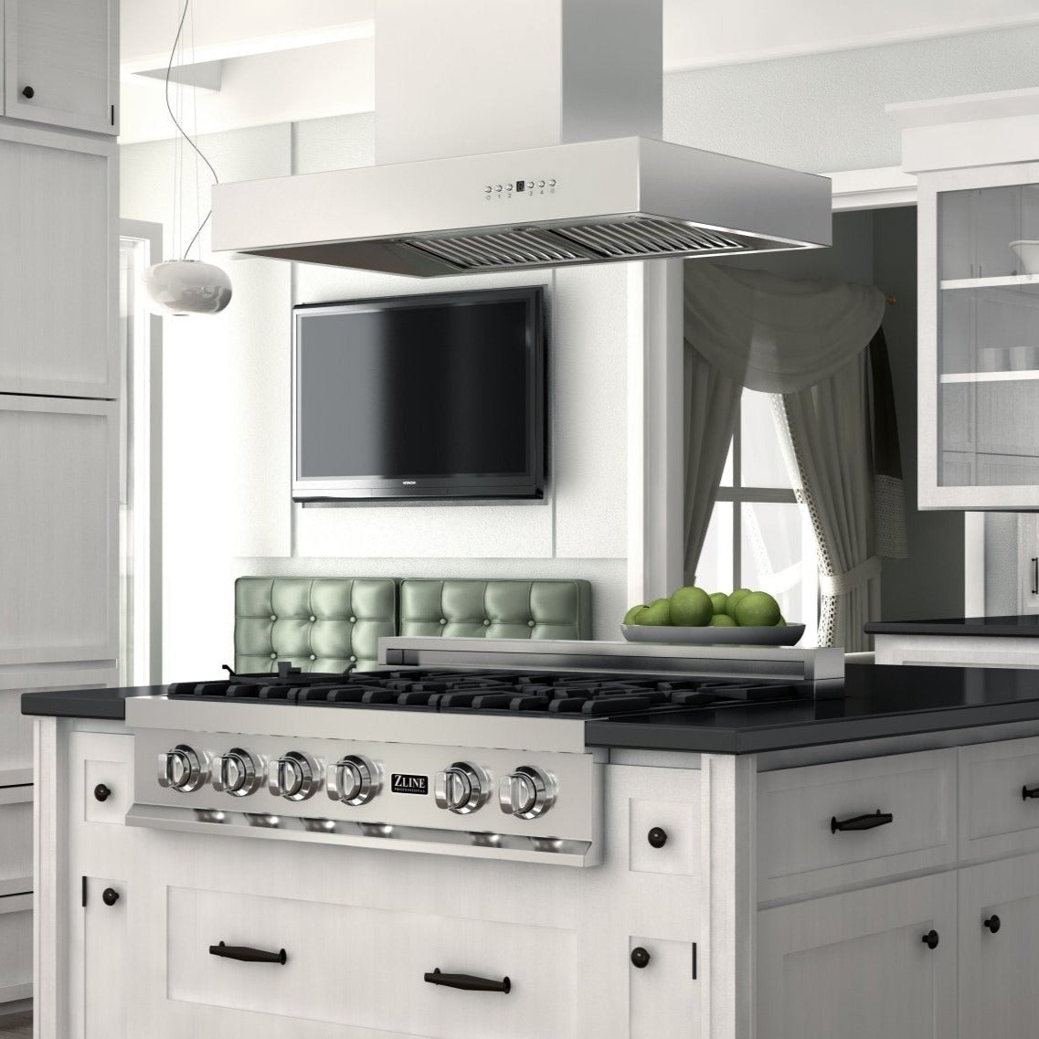 ZLINE Ducted Professional Island Mount Range Hood in Stainless Steel (KECOMi) rendering in a white modern kitchen.
