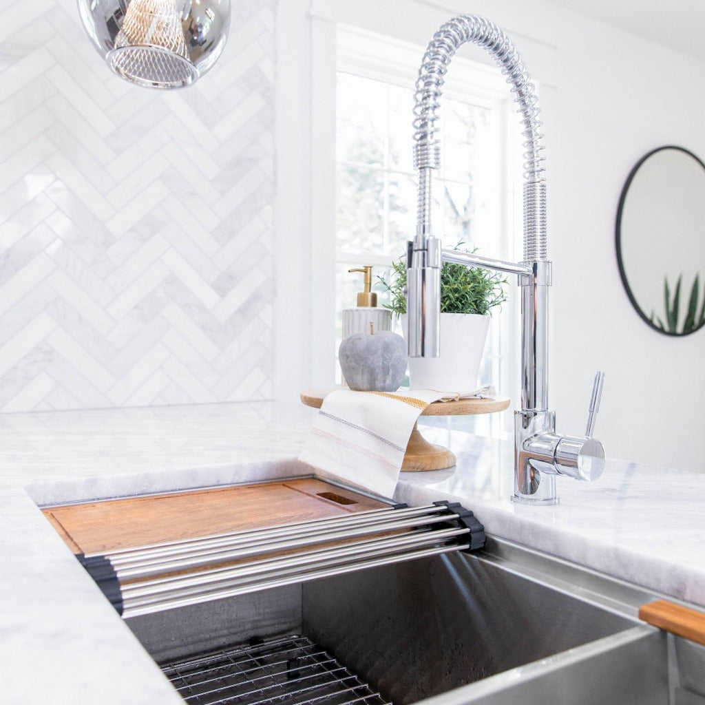 ZLINE Sierra Kitchen Faucet (SRA-KF) with Chrome Finish in a white farmhouse kitchen
