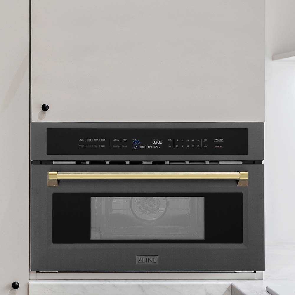 ZLINE Autograph Edition 30 in. 1.6 cu ft. Built-in Convection Microwave Oven in Black Stainless Steel with Gold Accents (MWOZ-30-BS-G) built-in to beige kitchen cabinets 