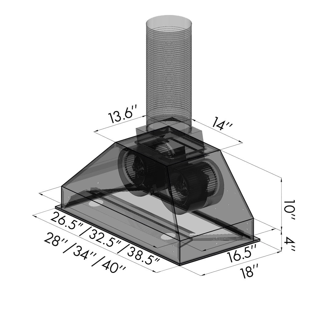 ZLINE Ducted Wall Mount Range Hood Insert in Stainless Steel (698) dimensional diagram with measurements.
