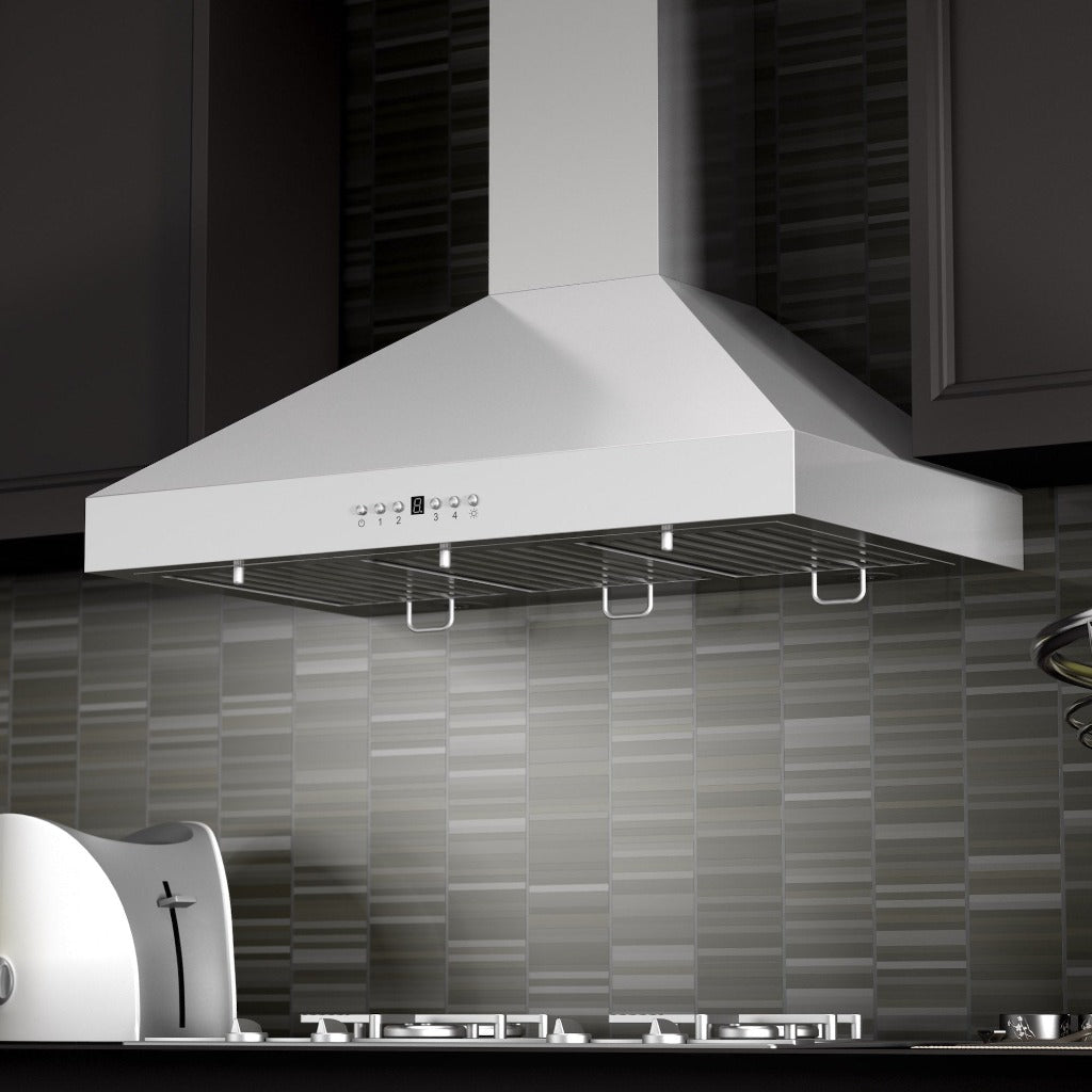 ZLINE Convertible Vent Wall Mount Range Hood in Stainless Steel with Crown Molding (KL3CRN) rendering in a rustic kitchen close-up.