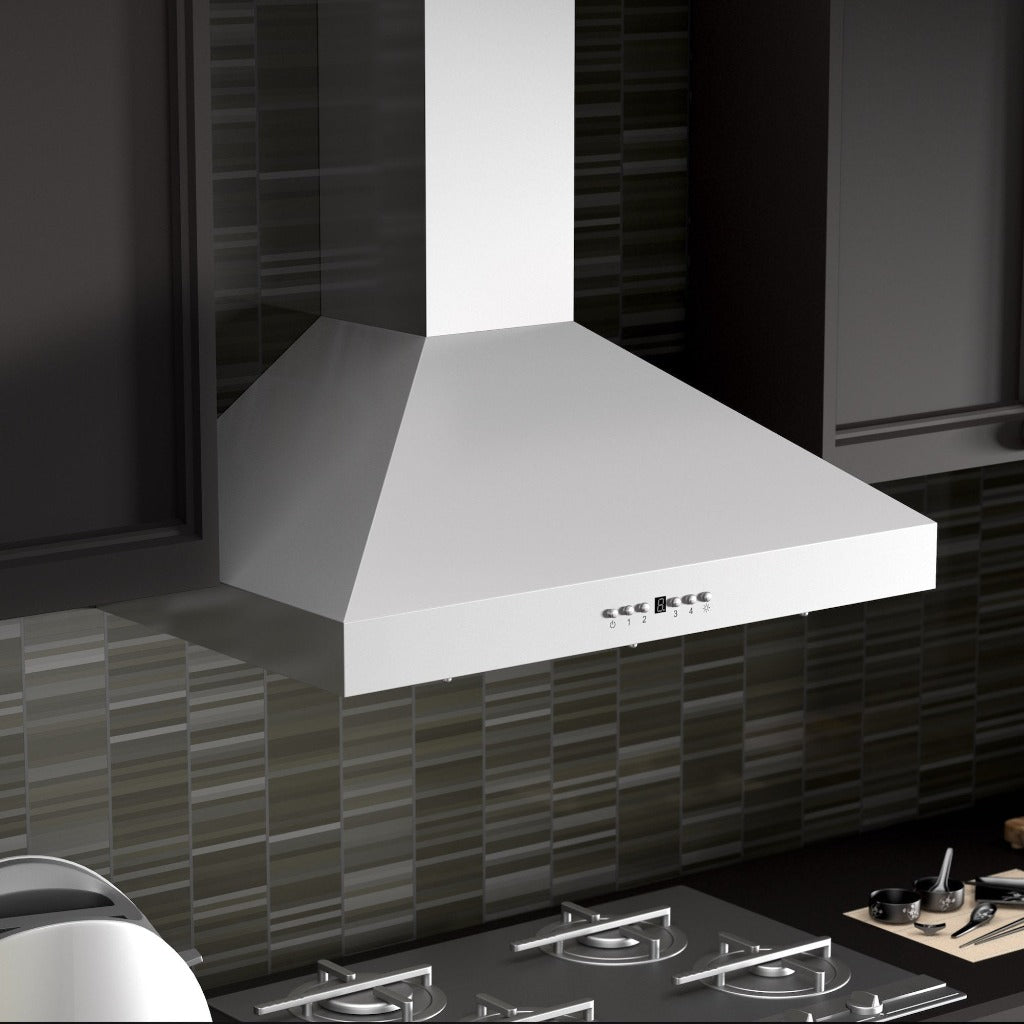 ZLINE Convertible Vent Wall Mount Range Hood in Stainless Steel with Crown Molding (KL3CRN) rendering in a rustic kitchen from above.