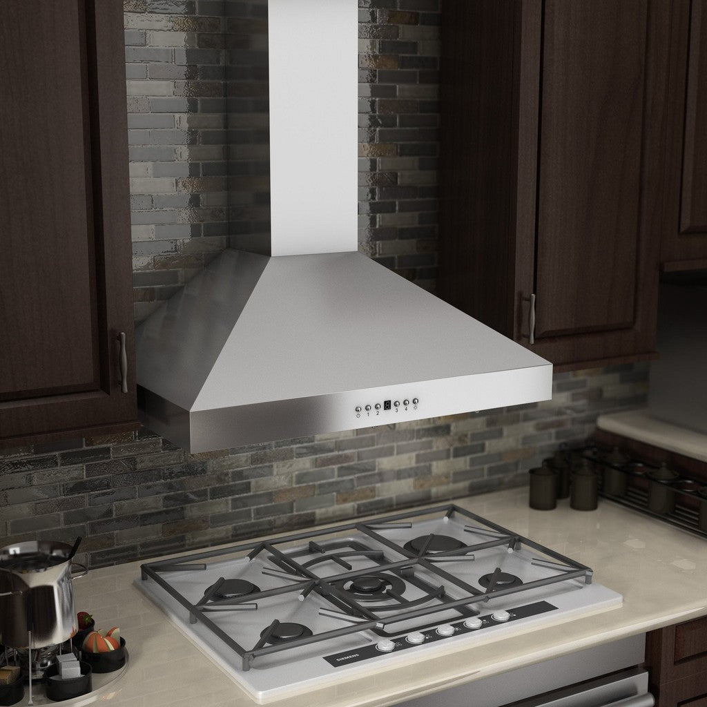 ZLINE Convertible Vent Wall Mount Range Hood in Stainless Steel with Crown Molding (KL3CRN) rendering in a rustic kitchen wide.