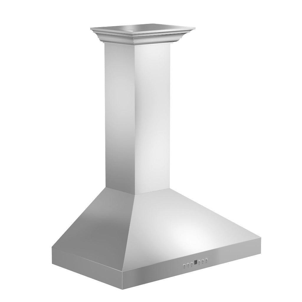 ZLINE Convertible Vent Wall Mount Range Hood in Stainless Steel with Crown Molding (KL3CRN) side, above.