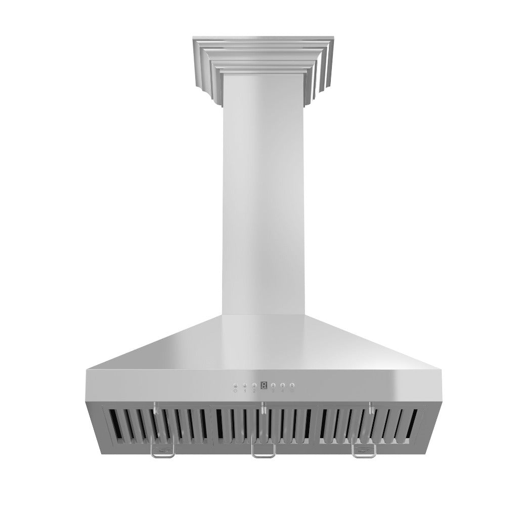 ZLINE Convertible Vent Wall Mount Range Hood in Stainless Steel with Crown Molding (KL3CRN) front, under.