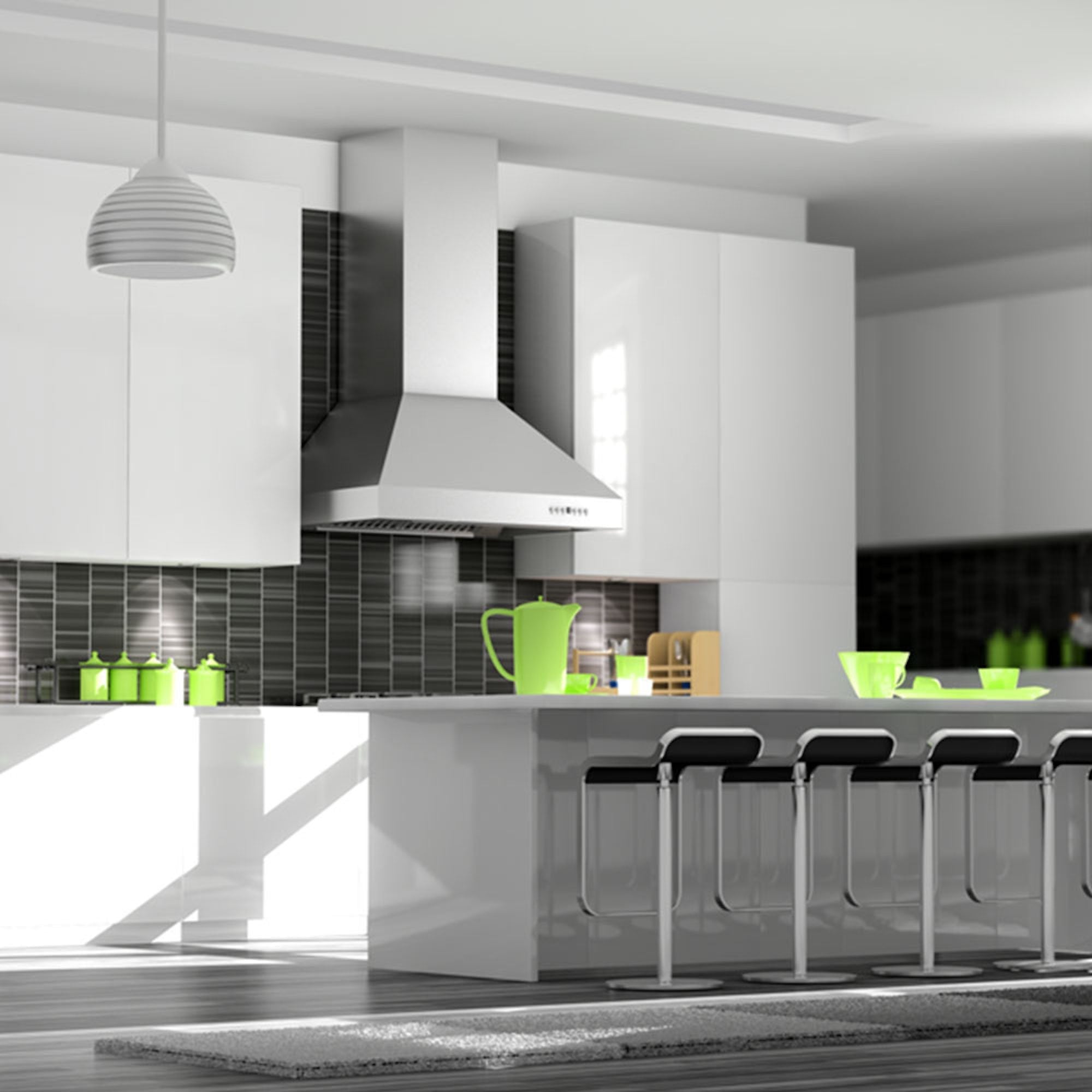 ZLINE Professional Ducted Wall Mount Range Hood rendering in a white modern kitchen wide.