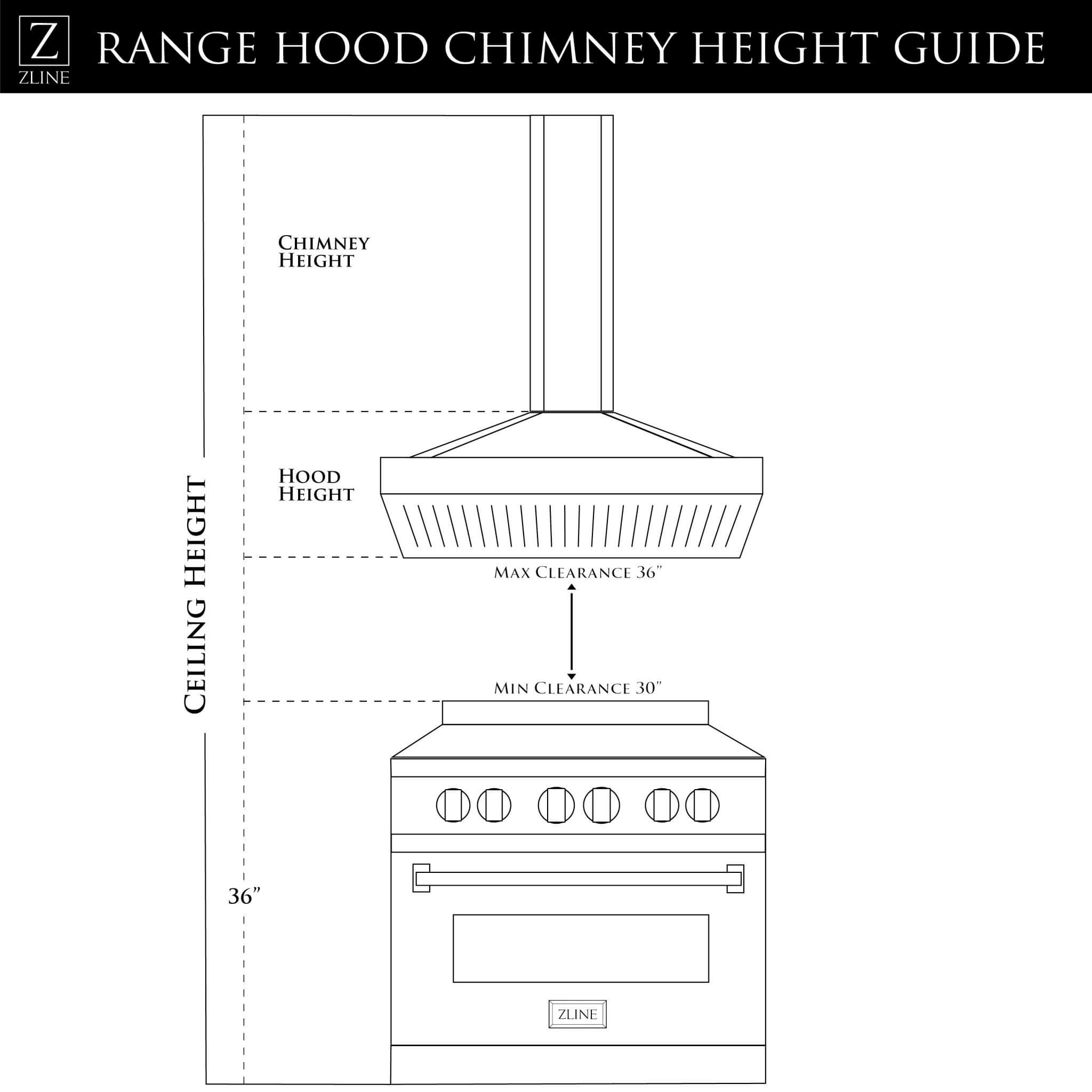 ZLINE Convertible Vent Wall Mount Range Hood in Stainless Steel & Glass (KN) chimney height guide.