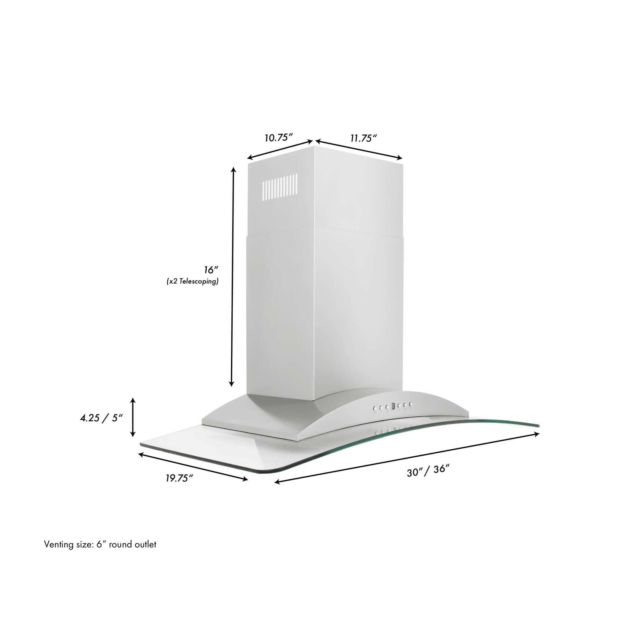 ZLINE Convertible Vent Wall Mount Range Hood in Stainless Steel & Glass (KN) dimensions.