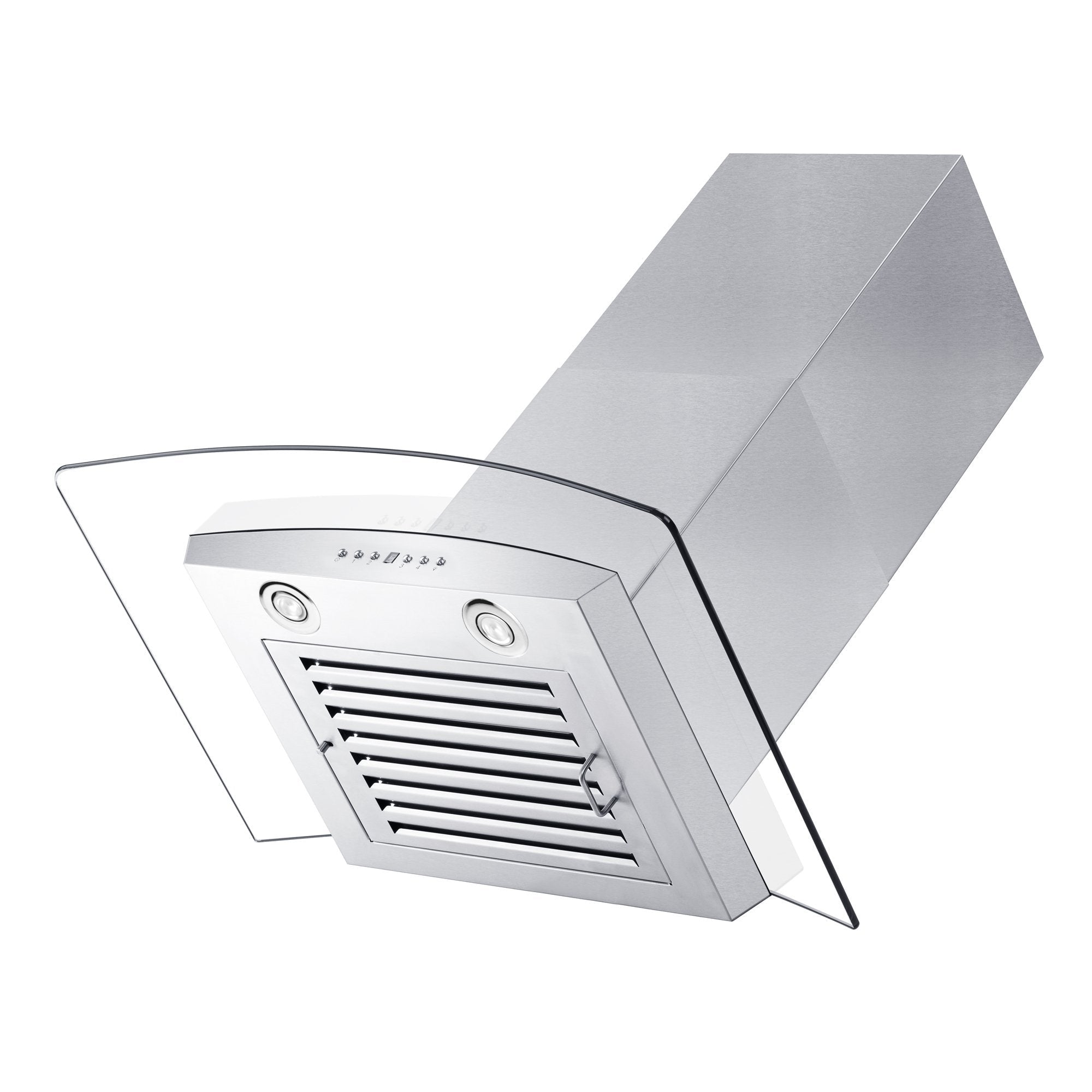 ZLINE Convertible Vent Wall Mount Range Hood in Stainless Steel & Glass with Crown Molding (KZCRN) angled under showing LED lighting and baffle filter.
