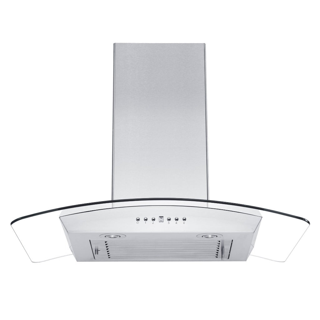 ZLINE Convertible Vent Wall Mount Range Hood in Stainless Steel & Glass with Crown Molding (KZCRN) front under.