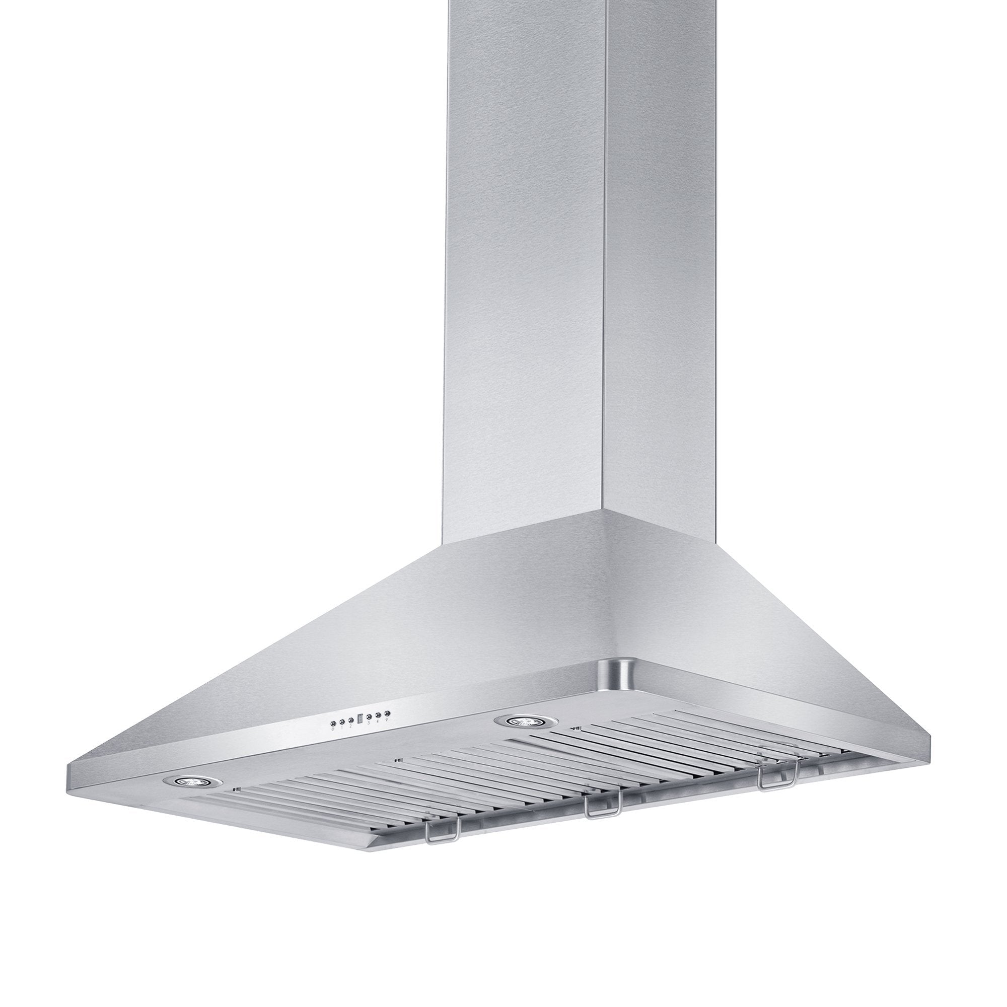 ZLINE Convertible Vent Wall Mount Range Hood in Stainless Steel (KF1) side under showing lighting and baffle filters.