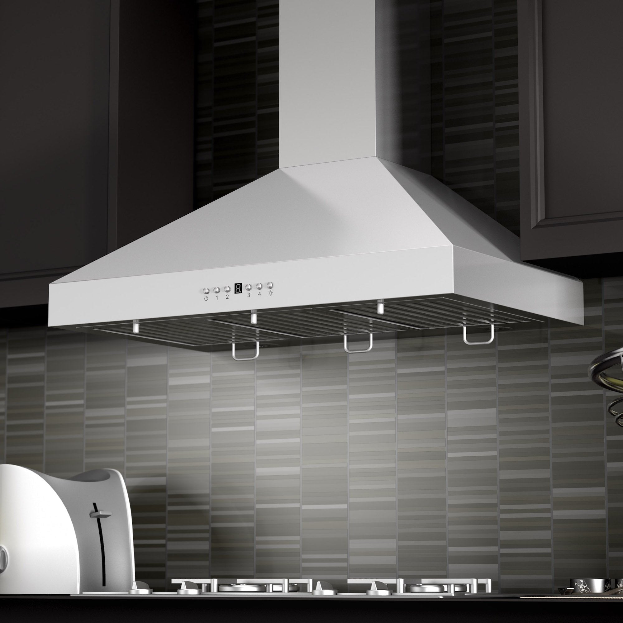 ZLINE Convertible Vent Wall Mount Range Hood in Stainless Steel (KL3) rendering in a rustic kitchen close.