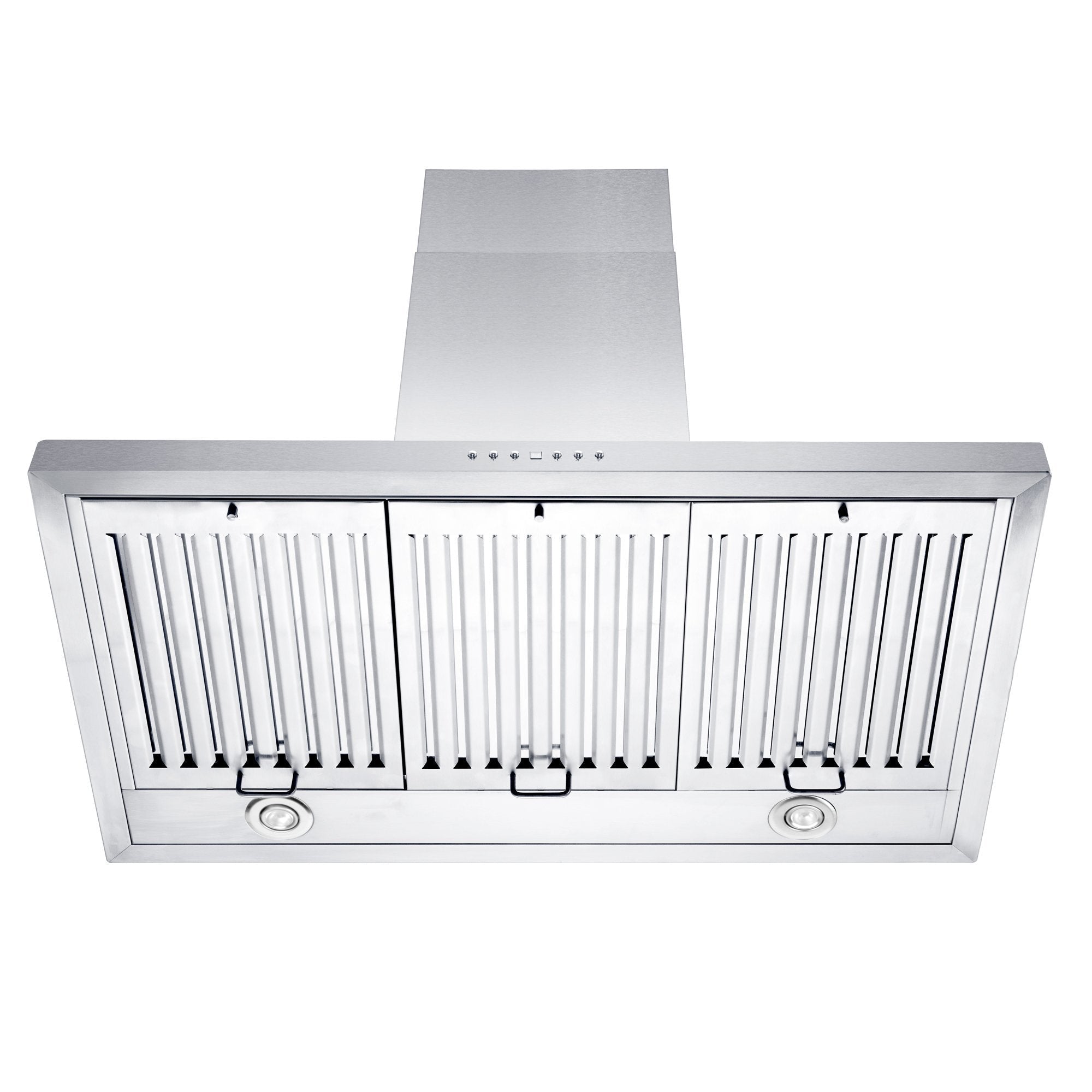 ZLINE Convertible Vent Wall Mount Range Hood in Stainless Steel (KL3) under showing baffle filters and LED lighting.
