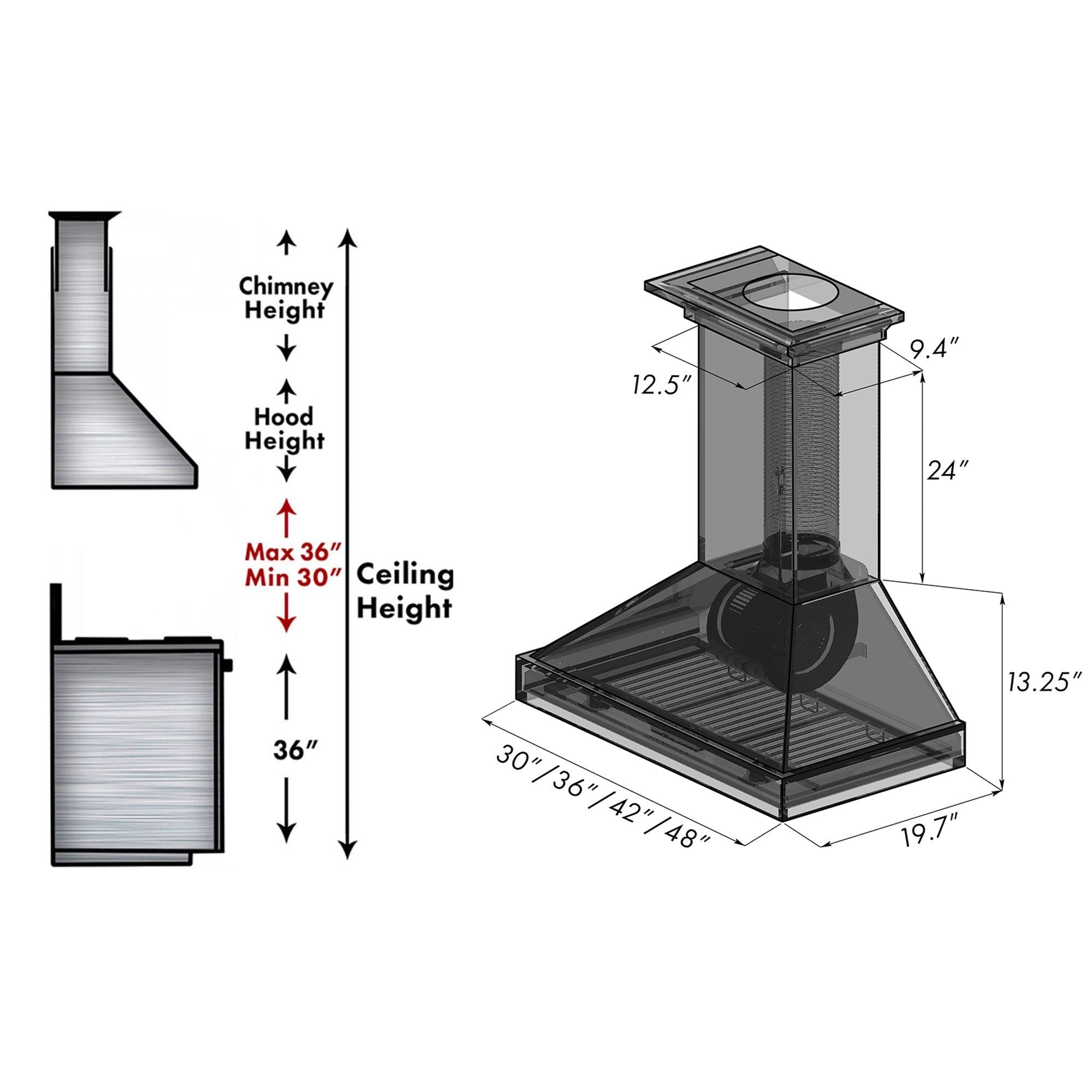 ZLINE Convertible Vent Wooden Wall Mount Range Hood in Walnut (KBRR) dimensional measurements and chimney height guide.