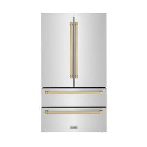 ZLINE Autograph Edition 36 in. 22.5 cu. ft. Counter-Depth French Door Refrigerator with Ice Maker in Fingerprint-Resistant Stainless Steel with Champagne Bronze Traditional Handles (RFMZ-36-CB) main image.