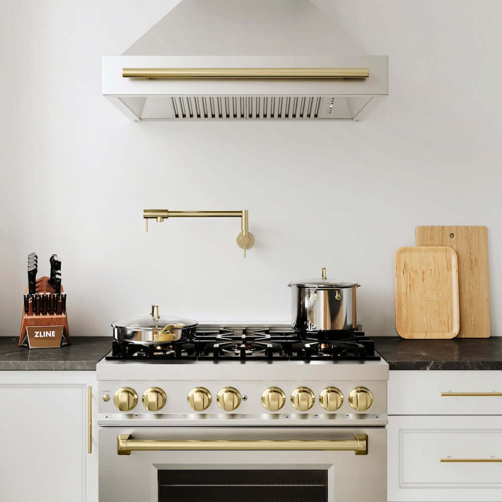 ZLINE Autograph Edition 36 in. 4.6 cu. ft. Legacy Dual Fuel Range with 6 Burner Gas Cooktop and Electric Convection Oven in Stainless Steel and Champagne Bronze Accents, Open Box-Great Condition