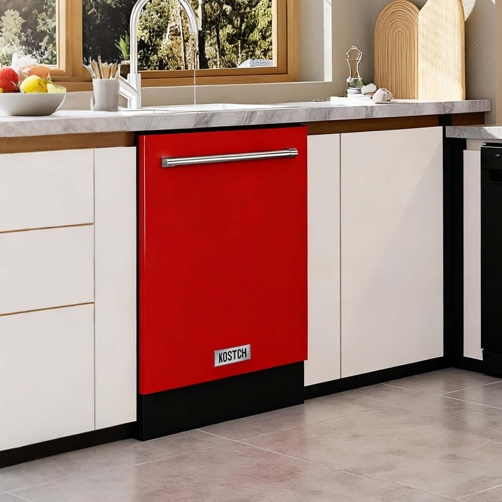 KOSTCH 24 in. Top Control Tall Tub Built-In Dishwasher with 3rd Rack in Stainless Steel with Red Door, 47dBA (KOS-24DWH06H-R) in a modern kitchen with white cabinets and a marble countertop.