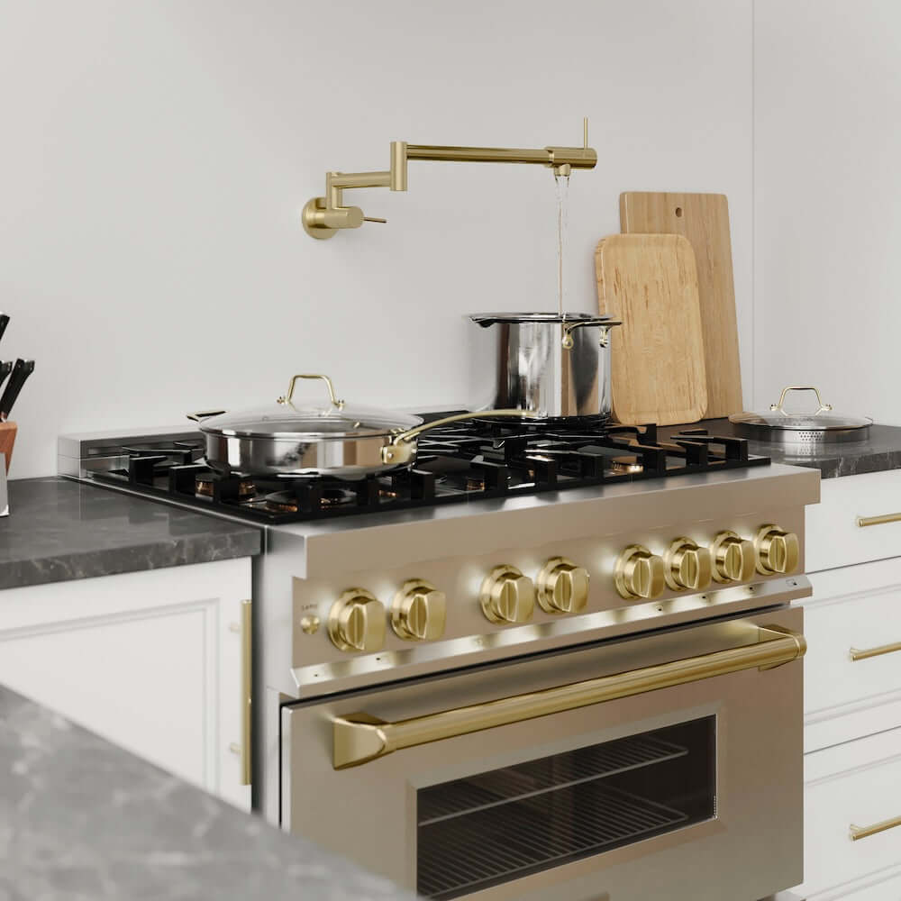 ZLINE Autograph Edition 36 in. 4.6 cu. ft. Legacy Dual Fuel Range with 6 Burner Gas Cooktop and Electric Convection Oven in Stainless Steel and Champagne Bronze Accents, Open Box-Great Condition