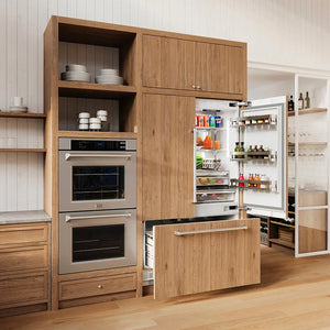 Custom kitchen with wooden cabinets, stainless steel appliances, and open ZLINE 36 in. 19.6 cu. ft. Panel Ready French Door Built-In Bottom Freezer Refrigerator with Water Dispenser and Ice Maker (RBIV-36) with custom wood panels.