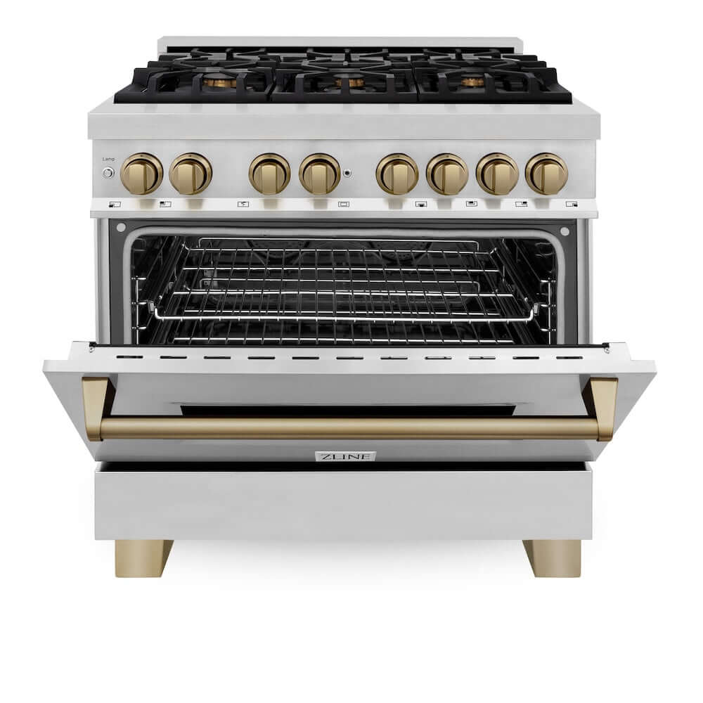 ZLINE Autograph Edition 36 in. 4.6 cu. ft. Legacy Dual Fuel Range with 6 Burner Gas Cooktop and Electric Convection Oven in Stainless Steel and Champagne Bronze Accents, Open Box-Great Condition