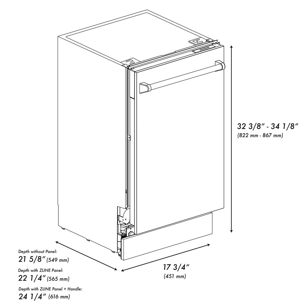 ZLINE Autograph Edition 18 in. Tallac Series 3rd Rack Top Control Built-In Dishwasher in Stainless Steel with Polished Gold Handle, 51dBa (DWVZ-304-18-G) dimensional diagram with measurements.