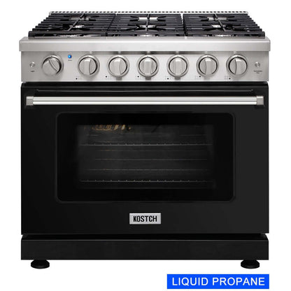 KOSTCH 36 in. Liquid Propane Gas Range with 6 Burners and 6.0 cu. ft. Convection Oven in Stainless Steel with Black Oven Door (KOS-36RG03MLP-B)
