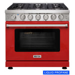 KOSTCH 36 in. Liquid Propane Gas Range with 6 Burners and 6.0 cu. ft. Convection Oven in Stainless Steel with Red Oven Door (KOS-36RG03MLP-R)