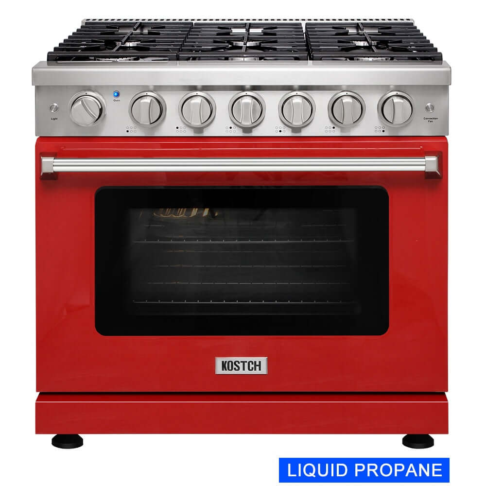KOSTCH 36 in. Liquid Propane Gas Range with 6 Burners and 6.0 cu. ft. Convection Oven in Stainless Steel with Red Oven Door (KOS-36RG03MLP-R)