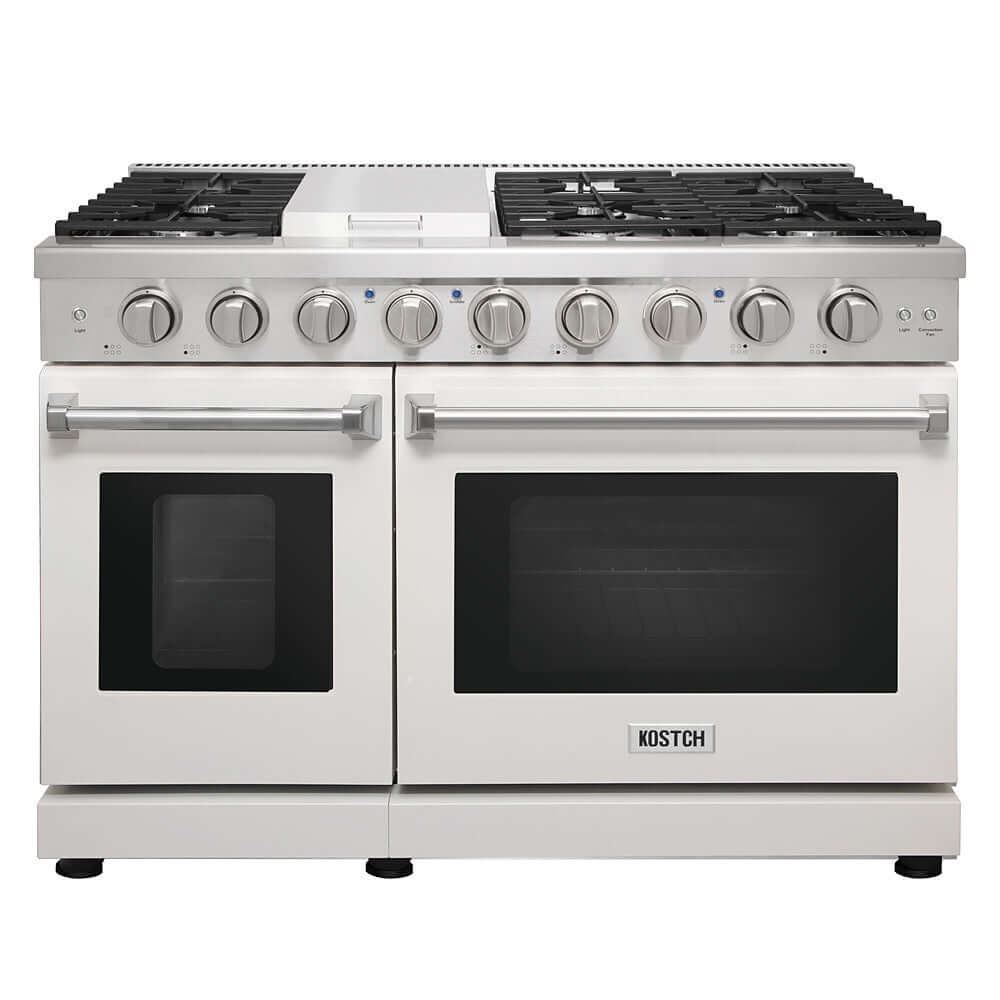 KOSTCH 48 in. 6 Burner Gas Range with 6.8 cu. ft. Double Oven and Griddle in Stainless Steel with White Oven Doors (KOS-48RG03M-W)