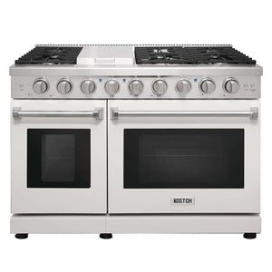 KOSTCH 48 in. 6 Burner Gas Range with 6.8 cu. ft. Double Oven and Griddle in Stainless Steel with White Oven Doors (KOS-48RG03M-W) main image.