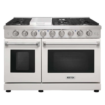 KOSTCH 48 in. 6 Burner Gas Range with 6.8 cu. ft. Double Oven and Griddle in Stainless Steel with White Oven Doors (KOS-48RG03M-W)