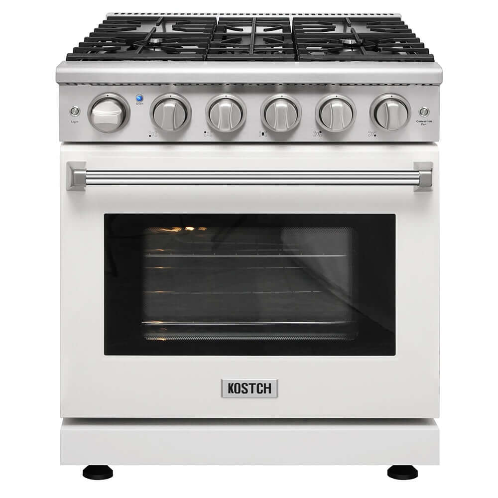 KOSTCH 30 in. 5 Burner Natural Gas Range with 4.55 cu. ft. Convection Oven in Stainless Steel with White Oven Door (KOS-30RG03M-W)