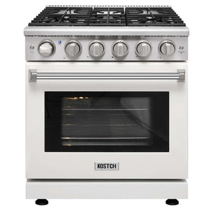 KOSTCH 30 in. 5 Burner Natural Gas Range with 4.55 cu. ft. Convection Oven in Stainless Steel with White Oven Door (KOS-30RG03M-W) main image.