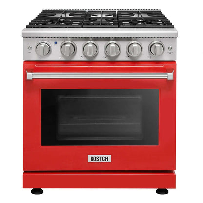 KOSTCH 30 in. 5 Burner Natural Gas Range with 4.55 cu. ft. Convection Oven in Stainless Steel with Red Oven Door (KOS-30RG03M-R)