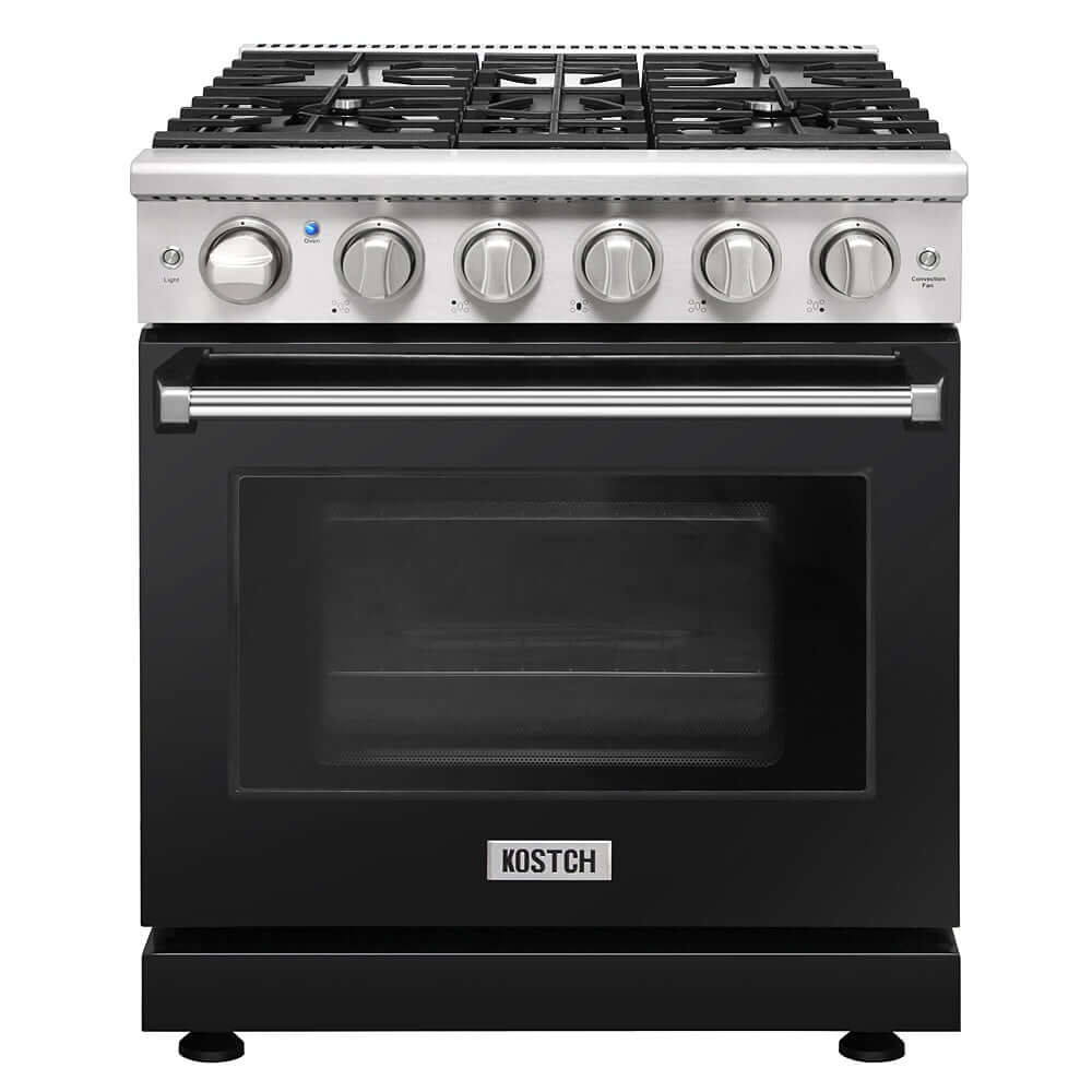 KOSTCH 30 in. 5 Burner Natural Gas Range with 4.55 cu. ft. Convection Oven in Stainless Steel with Black Oven Door (KOS-30RG03M-B) main image.