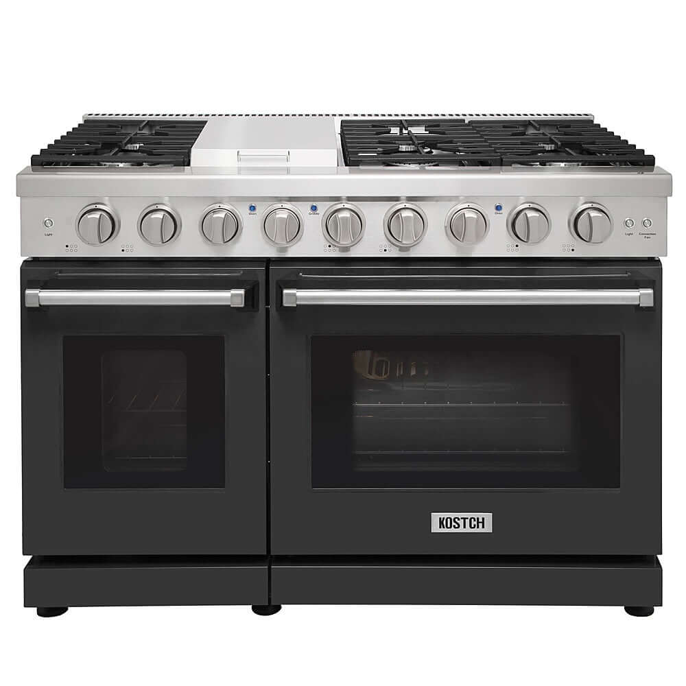 KOSTCH 48 in. 6 Burner Gas Range with 6.8 cu. ft. Double Oven and Griddle in Stainless Steel with Black Oven Doors (KOS-48RG03M-B)