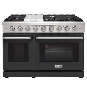 KOSTCH 48 in. 6 Burner Gas Range with 6.8 cu. ft. Double Oven and Griddle in Stainless Steel with Black Oven Doors (KOS-48RG03M-B) main image.