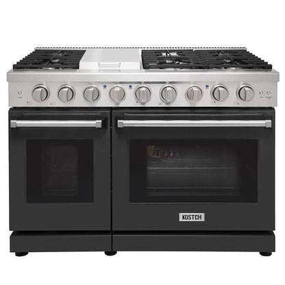 KOSTCH 48 in. 6 Burner Gas Range with 6.8 cu. ft. Double Oven and Griddle in Stainless Steel with Black Oven Doors (KOS-48RG03M-B)