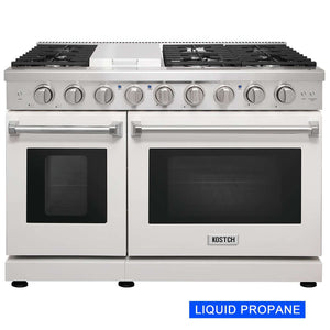 KOSTCH 48 in. Liquid Propane 6 Burner Gas Range with 6.8 cu. ft. Double Oven and Griddle in Stainless Steel with White Oven Doors (KOS-48RG03MLP-W) main image.