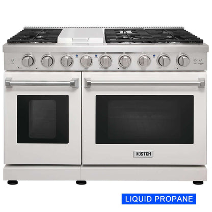 KOSTCH 48 in. Liquid Propane 6 Burner Gas Range with 6.8 cu. ft. Double Oven and Griddle in Stainless Steel with White Oven Doors (KOS-48RG03MLP-W)